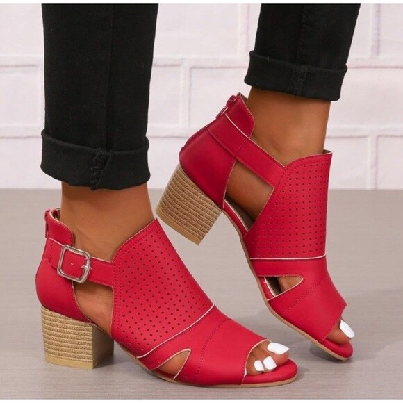 Red Peep Shootie Open Toe Perforated Sandals Cutout Block Heels Size 11 NEW - Picture 3 of 6